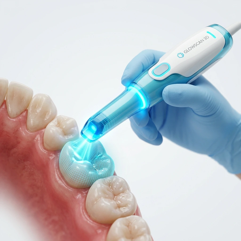 Illustration of an intraoral scanner capturing a dental impression